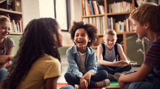 Photo happy group of kids sitting on floor in circle around with teacher in library for listening a story