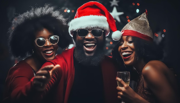 happy group of multi ethnic having fun at christmas night party in santas hat