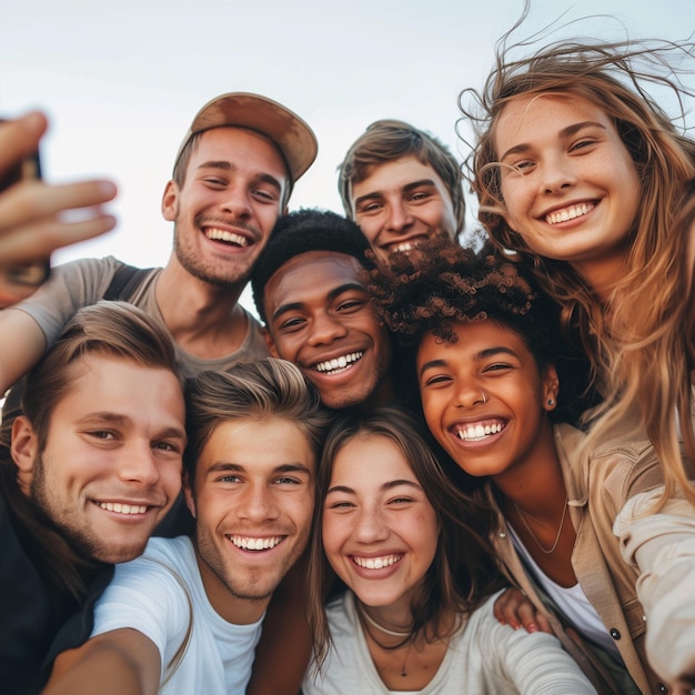 Happy group of multiracial friends having fun taking selfie pic with smart mobile phone