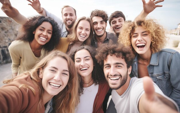 Happy Group Selfie Cheery Friends Capturing Moment Together