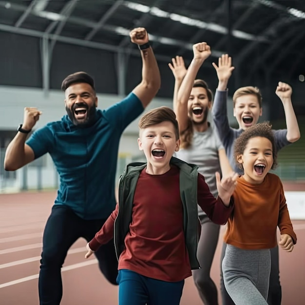 Happy group of sportsmen and their children are running on the stadium