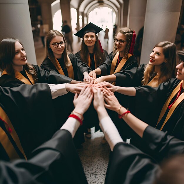 Foto un gruppo felice di giovani laureati in abiti e cappelli che si tengono per mano per festeggiare la laurea