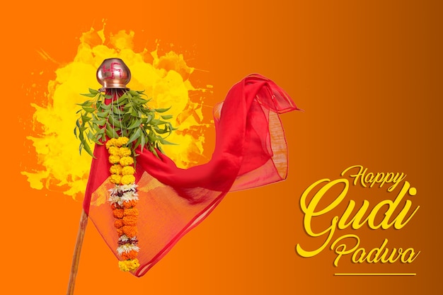 Photo happy gudhi padva greeting card. traditional festival of new year for marathi hindus.