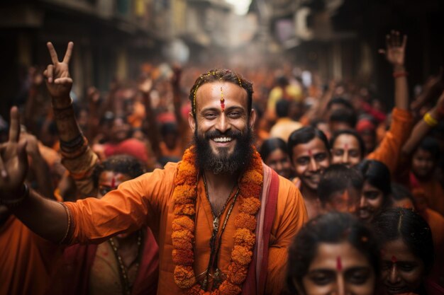 写真 ハッピー・グディ・パドワ (happy gudi padwa) はマラチ語の新年を喜びに満ちたお祝いで喜びリニューアル文化的伝統祭りの精神家族と文化の誇りとともに新しい始まりを抱きしめています