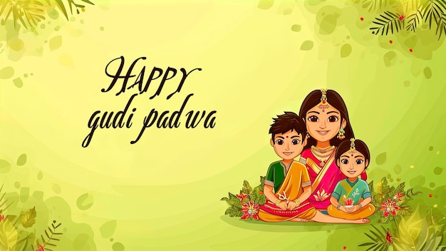 Happy Gudi Padwa greeting card with happy family illustration