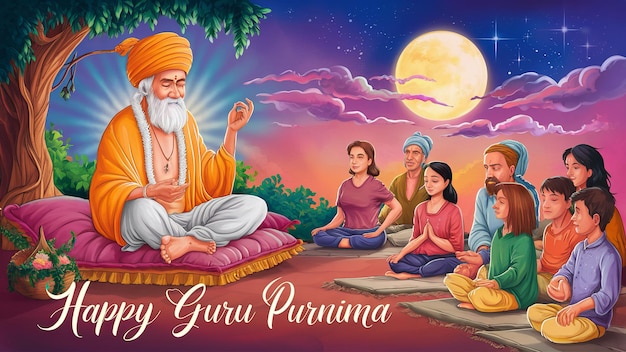 Happy Guru Purnima wise guru teaching his students Generative ai