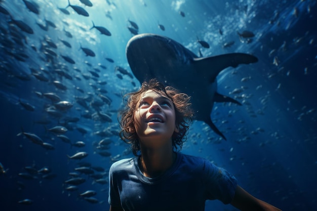 Photo happy guy in aquarium sea world generative ai