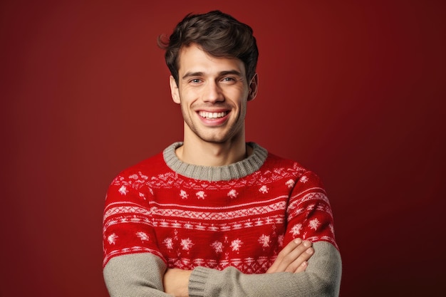 Happy guy in christmas sweater smiling and looking at camera
