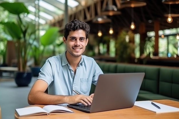 Happy guy student using laptop computer in university library sitting at desk