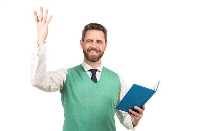 Happy guy with planner isolated on white background literature