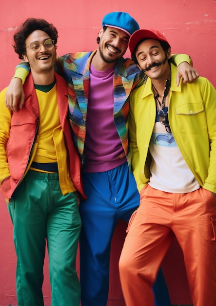 Happy guys wearing vibrant coloured clothes