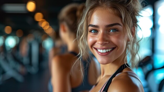 Happy gym young woman with sweating face with a big copy space inspiring Generative AI