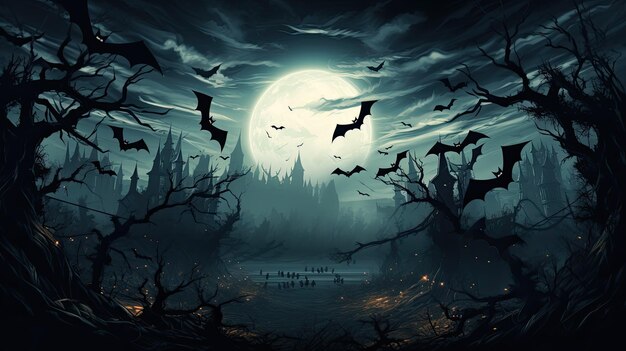 Happy Halloween background Full moon in the sky flying bats