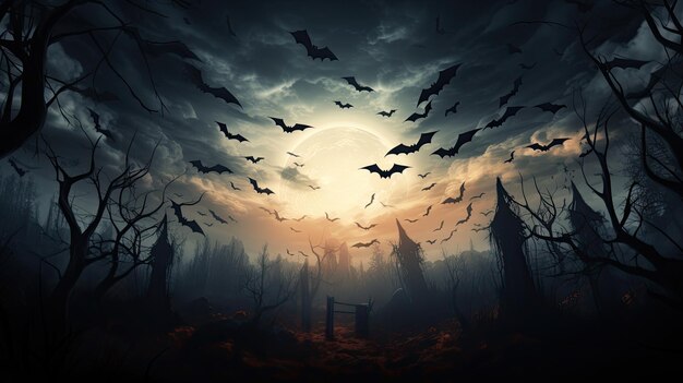 Happy Halloween background Full moon in the sky flying bats