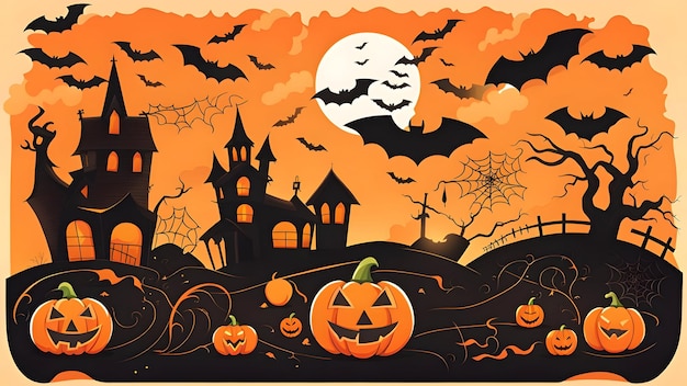 Happy halloween background illustration with bats and pumpkins