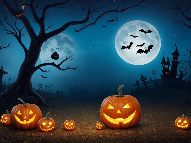 Happy halloween background illustration with blue sky and trees