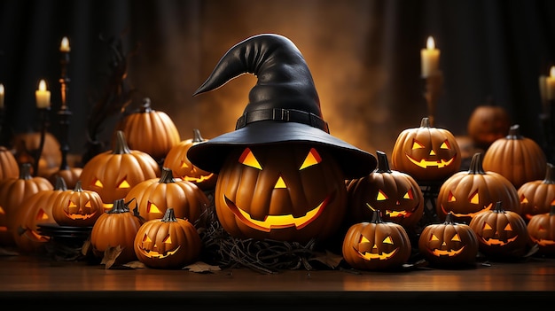 Happy Halloween background Orange pumpkins in hat emotion on his face scary smile