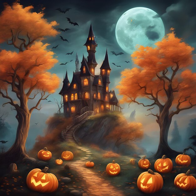 Фото Счастливый хэллоуин фон тема художественное искусство фантазия темный веселый лес корабль тыква