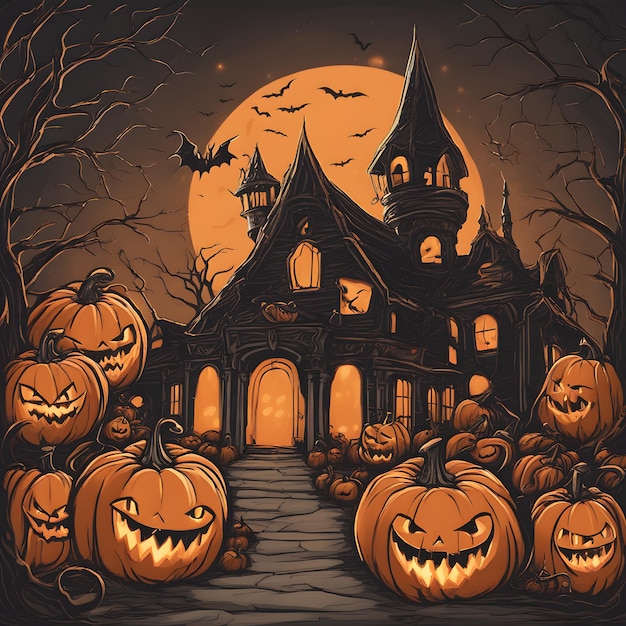 Happy Halloween background with ghosts and pumpkins Group illustration AI generated