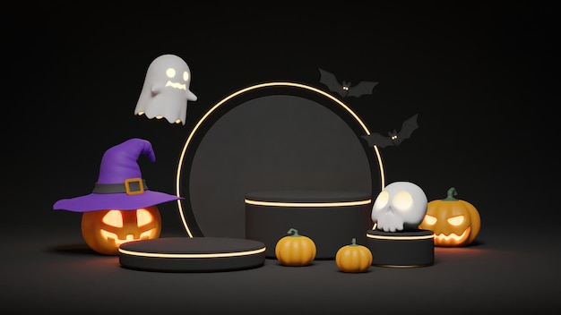 Happy halloween background with podium pumpkins ghost and halloween ornaments 3D Rendering