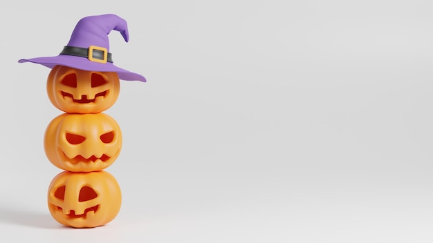 カボチャと魔女の帽子の3Dレンダリングで幸せなハロウィーンの背景