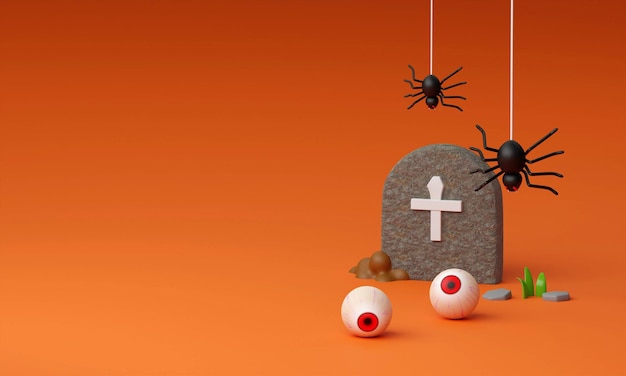 Happy Halloween background with spooky eyes and grave Copy space text 3d rendering illustration