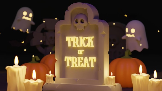 Счастливый хэллоуин фон с надгробием тыквы призрак и украшения хэллоуина 3D рендеринг