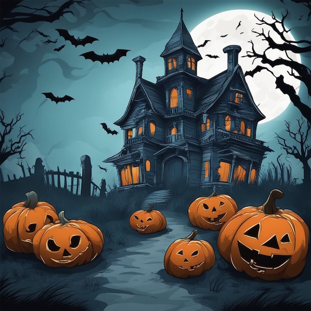 A Happy Halloween background with a zombie's hand from the ground with a haunted house and a pumpkin