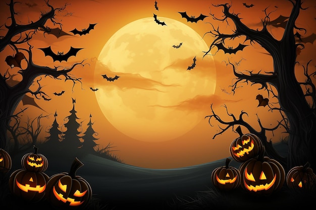 Happy Halloween Banner met pompoenen Spooky Celebration en Spooky Decorations Stel de Haunted Scene gegenereerd ai