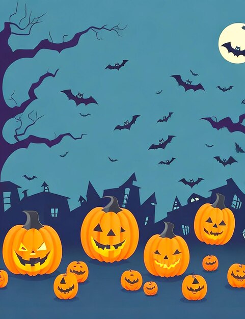 ハッピーハロウィーンのバナーやパーティーの招待状の背景に紫色の霧雲とカボチャがAIによって生成される