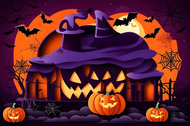 Happy Halloween banner or party invitation background with clouds bats and pumpkins on paper
