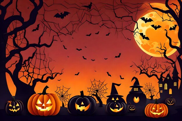 Happy Halloween banner or party invitation background with clouds bats and pumpkins in paper
