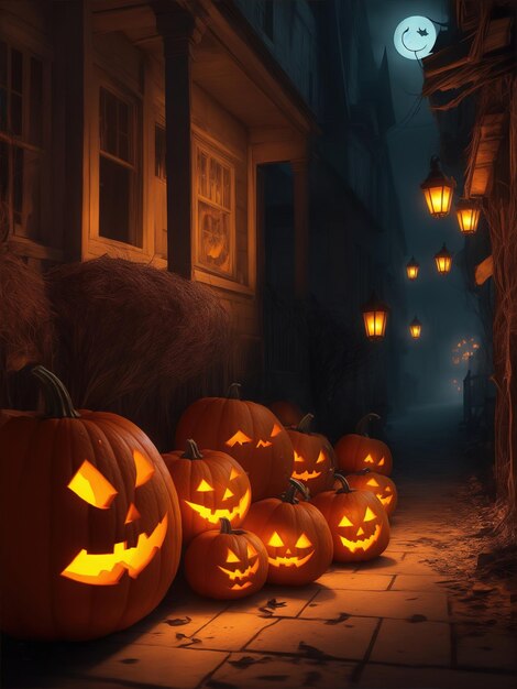 Happy Halloween banner or party invitation background with ghosts and pumpkins AI generated