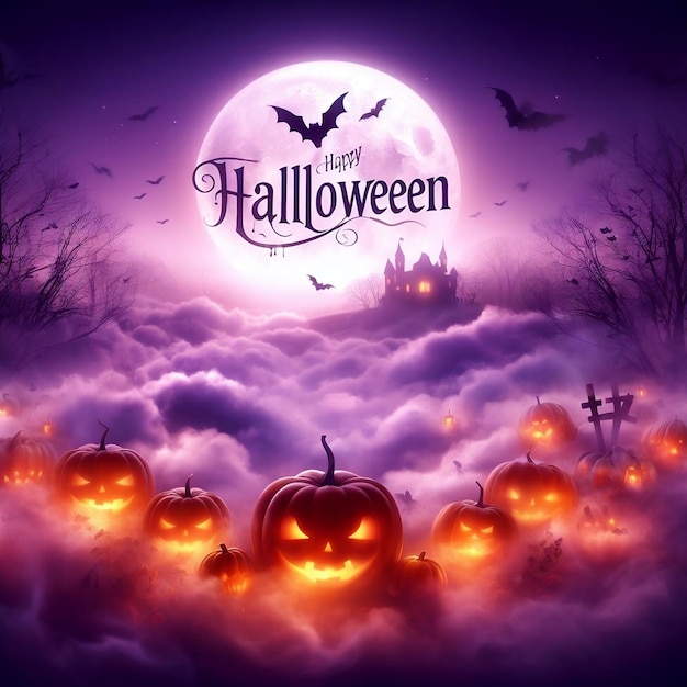 Happy halloween banner or party invitation background with violet fog