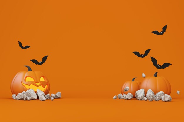 Happy halloween banner or party invitation orange theme product display podium on background with group of bat and jack o lantern pumpkin and hand skeleton with skull 3d rendering illustration