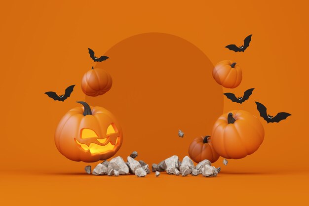 Happy halloween banner or party invitation orange theme product display podium on background with group of bat and jack o lantern pumpkin and hand skeleton with skull 3d rendering illustration