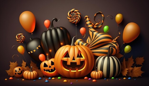 Happy Halloween-bannersjabloon met halloween-pompoen en Halloween-elementen Ai gegenereerd