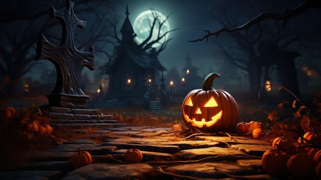 Happy Halloween celebration pumpkin and dark castle with graveyard Full Moon spooky night mysteriou