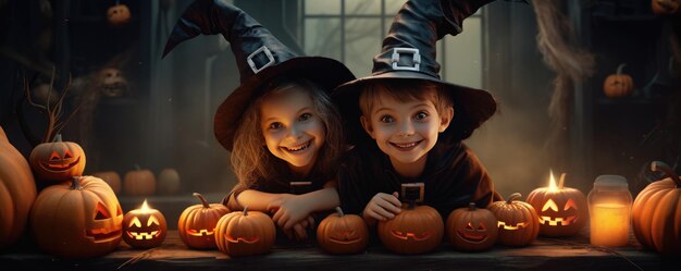 Happy halloween children in carnival costumes scary halloween night generative ai
