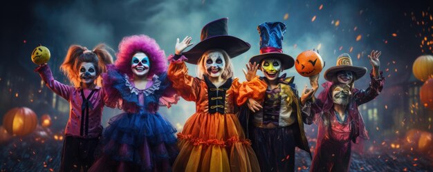 Photo happy halloween children in carnival costumes scary halloween night generative ai