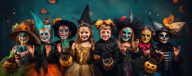 Photo happy halloween children in carnival costumes scary halloween night generative ai