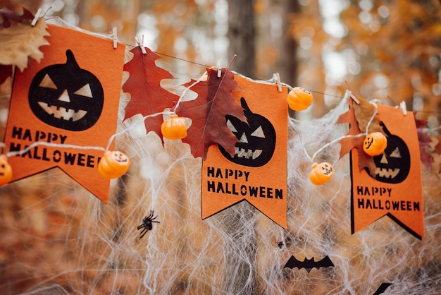 Happy Halloween-concept Banners slingeren wat bladeren op het net buiten in het park