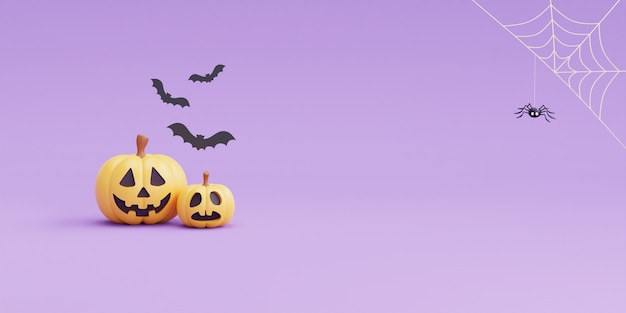 Happy Halloween concept met pompoenen karakter en vleermuis op paarse background.3d rendering.