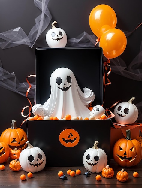 Happy halloween concept open box met pompoenspook en ballonnen op oranje achtergrond