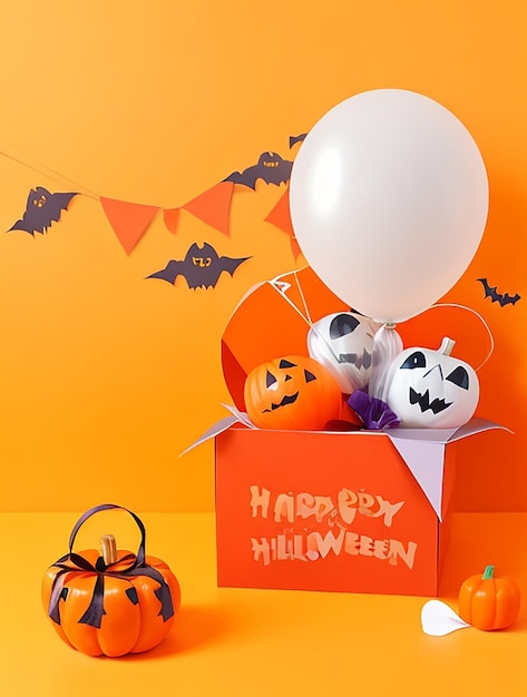 オレンジ色の背景にカボチャのゴーストと風船が入ったハッピーハロウィーンのコンセプトオープンボックス