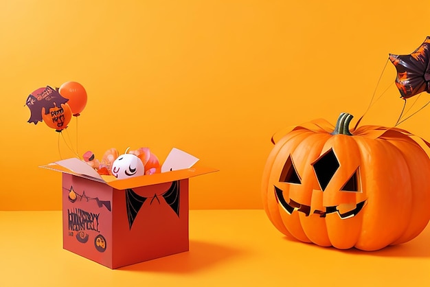 Happy halloween concept open box with pumpkin ghost and balloons on orange background