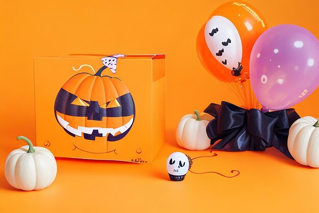 Happy halloween concept open box with pumpkin ghost and balloons on orange background