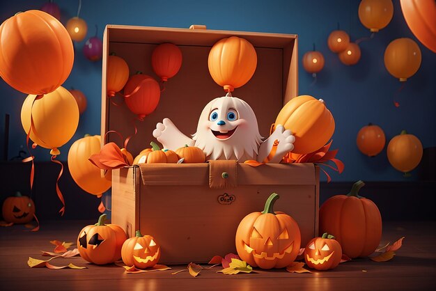 Счастливая концепция Хэллоуина открытая коробка с тыквенным призраком и воздушными шарами на оранжевом фоне