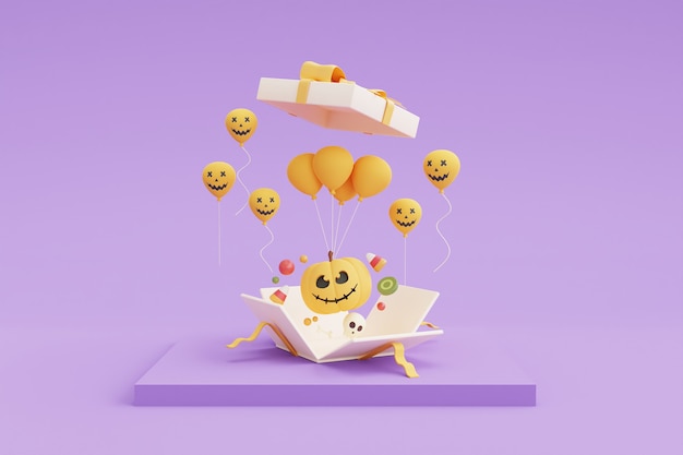 Счастливая концепция Хэллоуина, открытая подарочная коробка 3d с персонажами тыквы, воздушным шаром и конфетами на фиолетовом фоне. 3D-рендеринг.