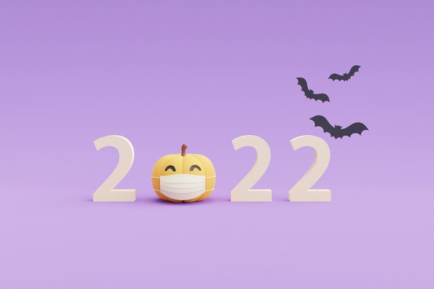 Happy Halloween concept ,Pumpkins character wearing a white mask with copy space on purple background.3d rendering.